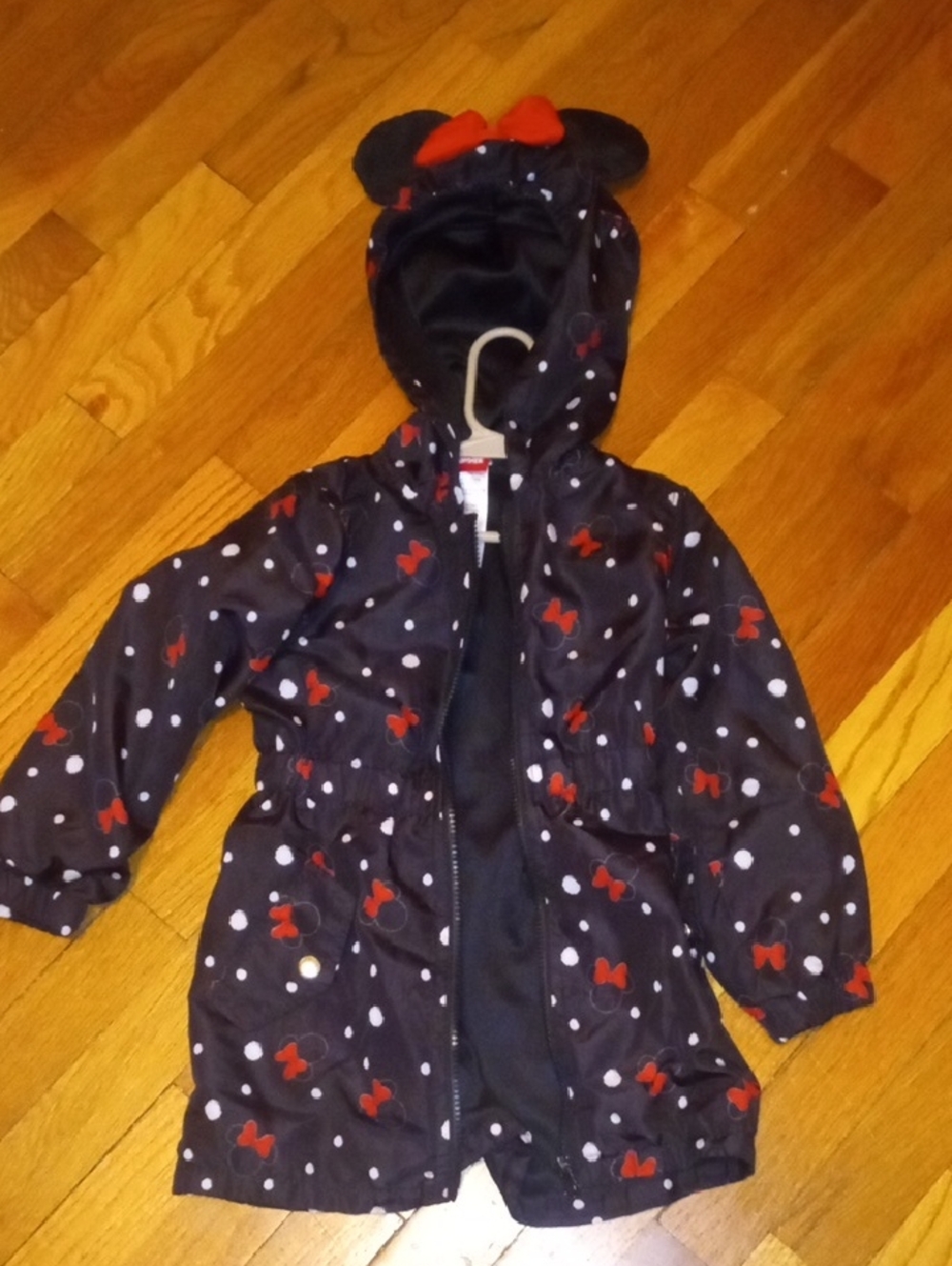 girl Hooded Rain Jacket with Minnie MOuse Bow Print - Black & Red 4t